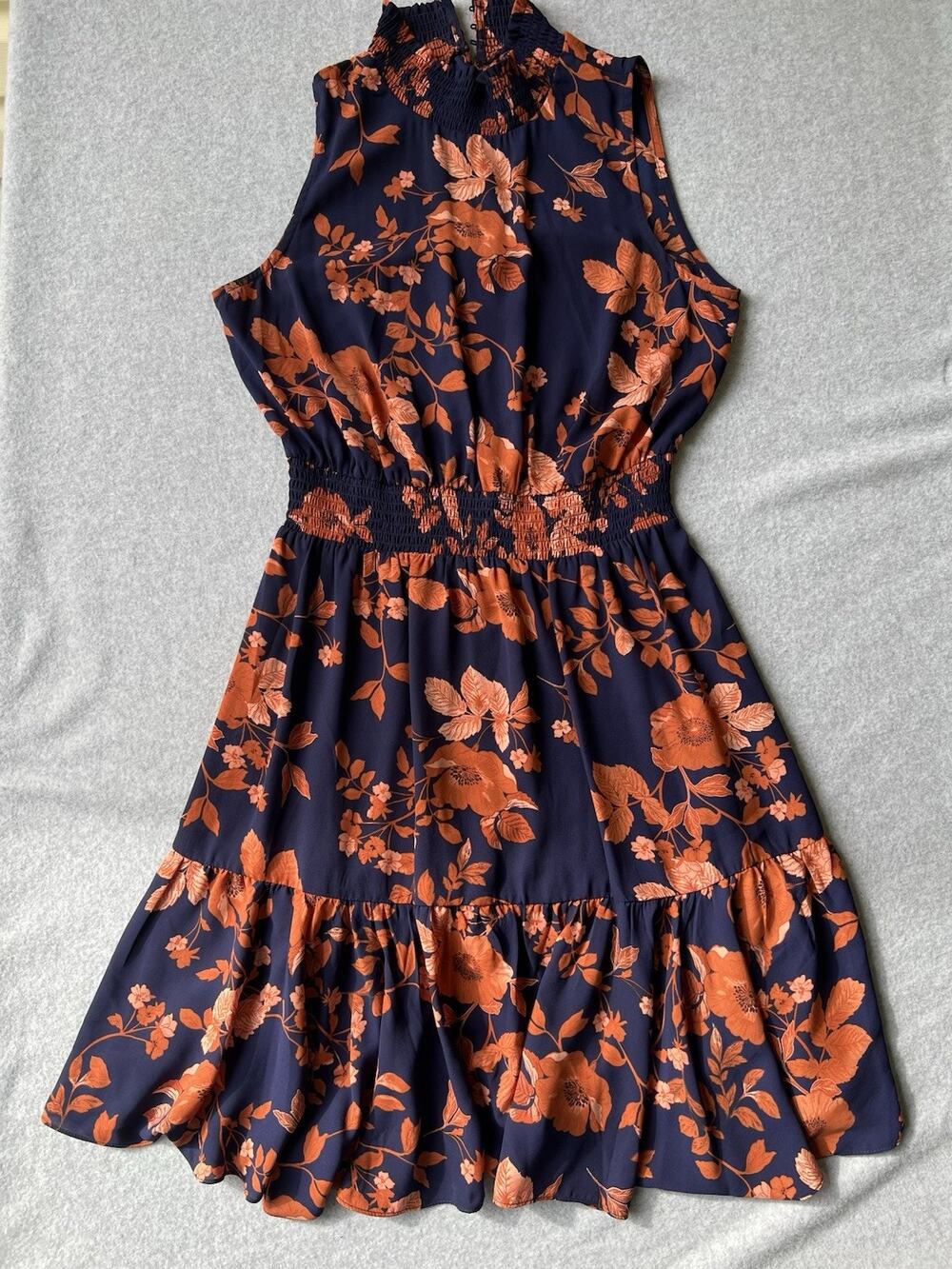 Nanette Lepore Floral Mock Neck Smocked Waist Romper Size 12 Navy Orange